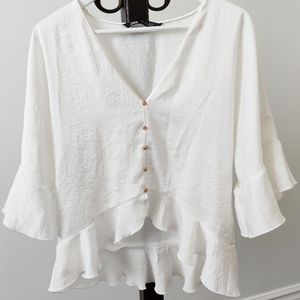 ZARA White Flutter-Sleeved Blouse w/ Gold Buttons